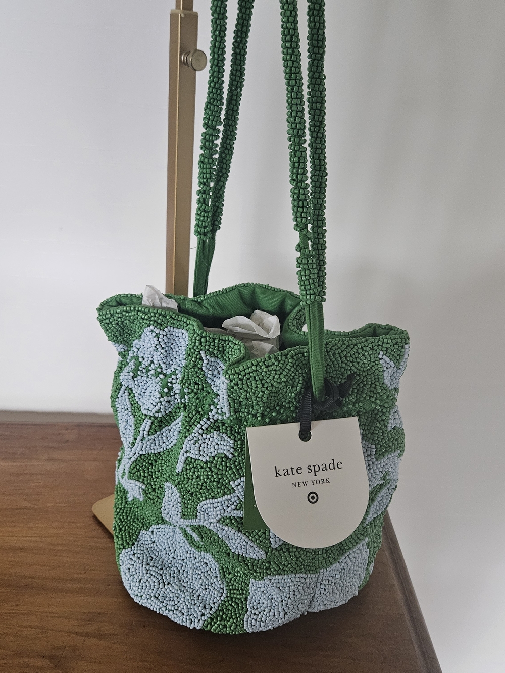 kate spade Green Beaded Floral Shoulder Bucket Bag